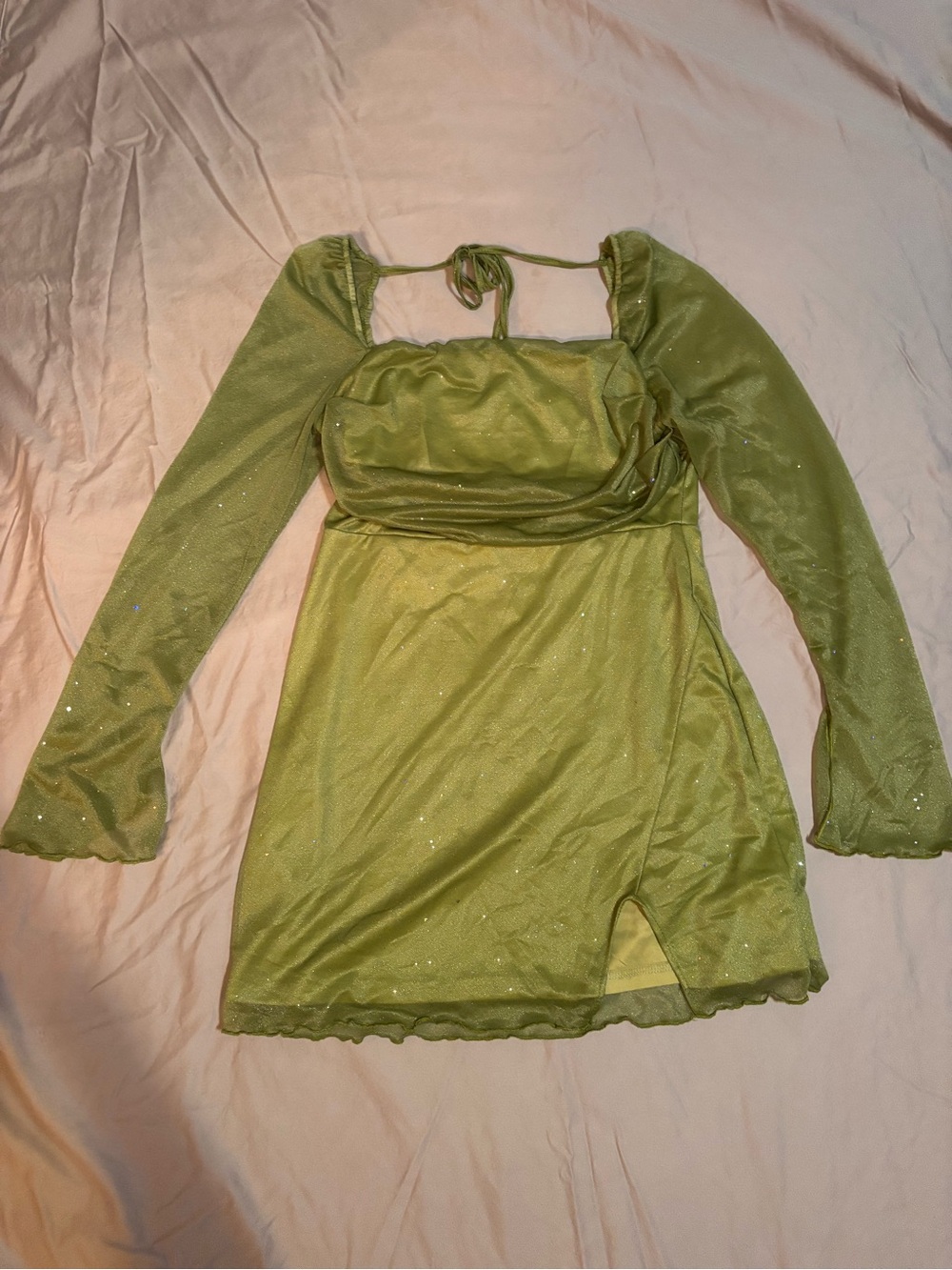 Olive Green Long Sleeve Mini Dress with Tie Back